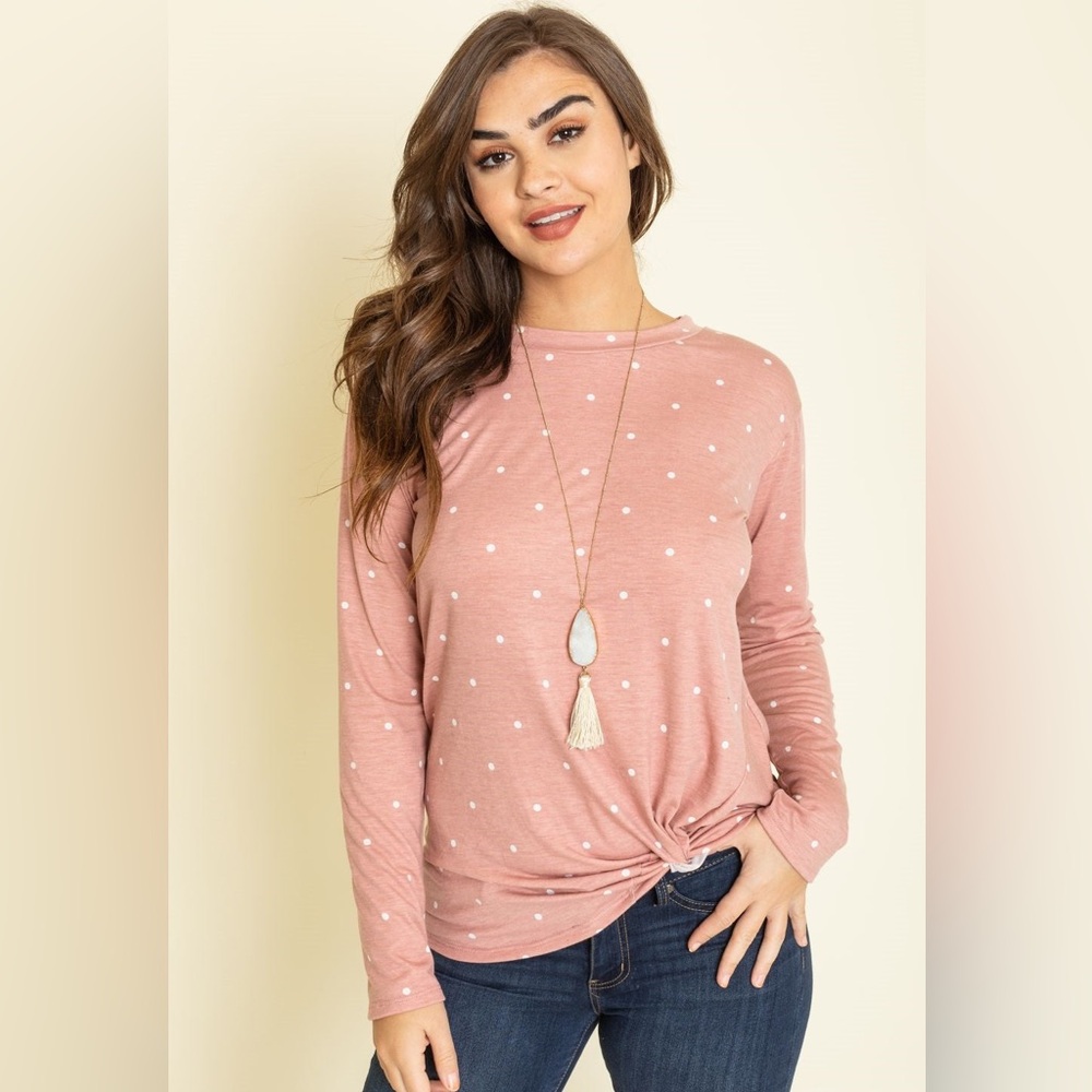 🆕 NWOT Long Sleeve Pink Polka Dot Twist Hem Tee